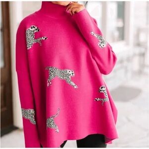 Style U oversized hot pink cheatah embroidered knit sweater long sleeve Large